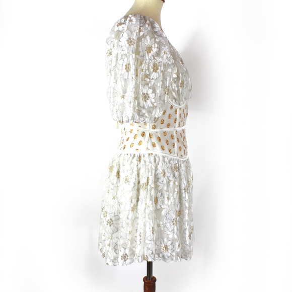 For Love & Lemons Lupita Mini Dress NEW White Gold Corset Shimmer Floral Lace L - Picture 3 of 8